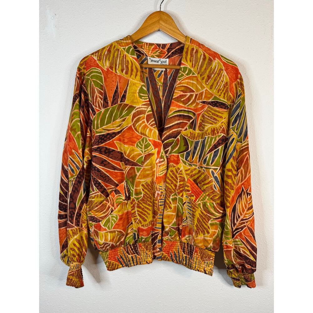 Vintage Stewart Sport 100% Washable Silk Tropical Orange Jacket Shirt Top SMALL